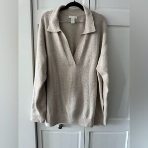 H&M Beige V-Neck Collared Knit Sweater Oversized Size L